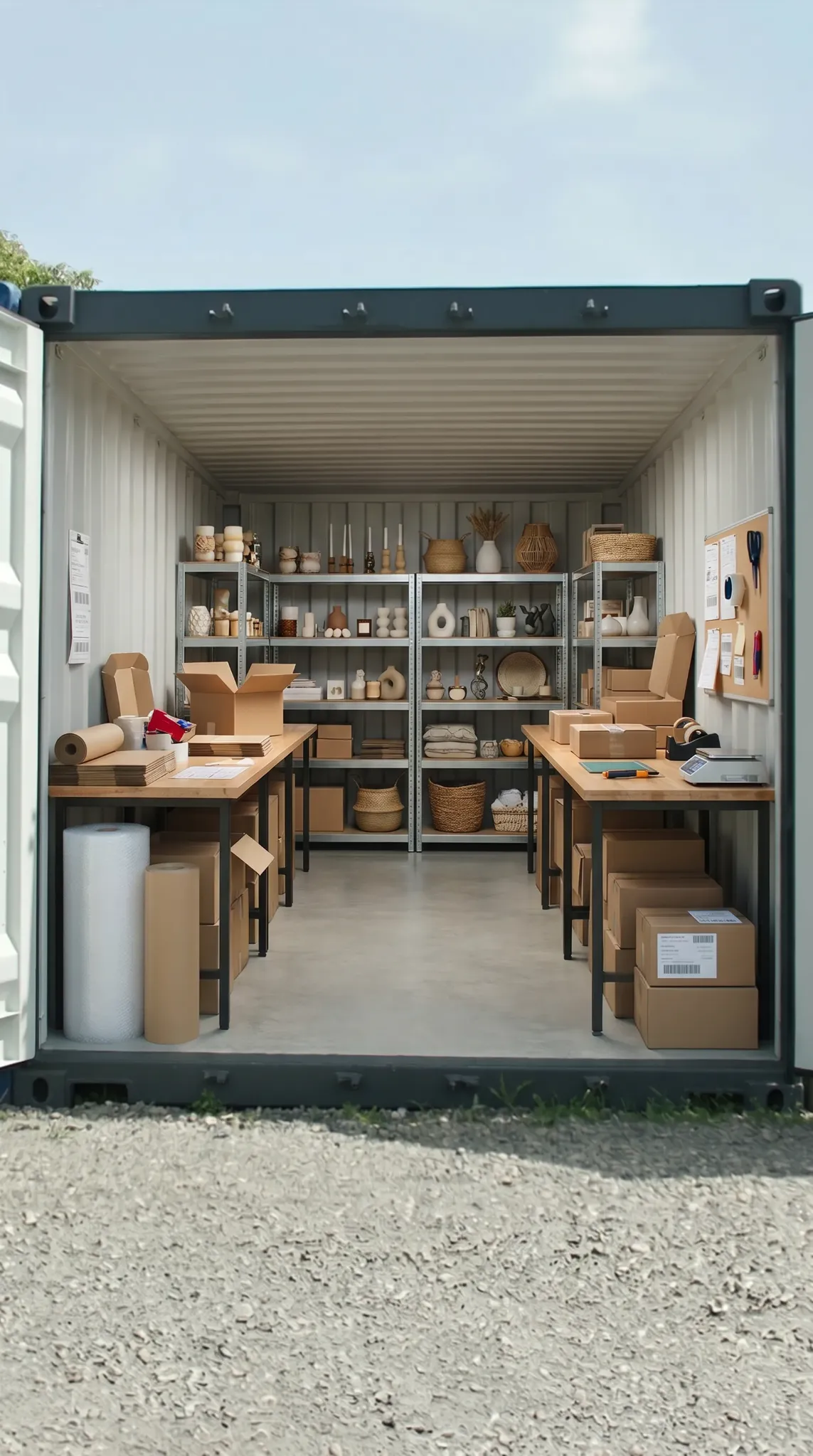 Innenansicht eines Containers mit Verpackungs- und Bastelarbeitsplatz.