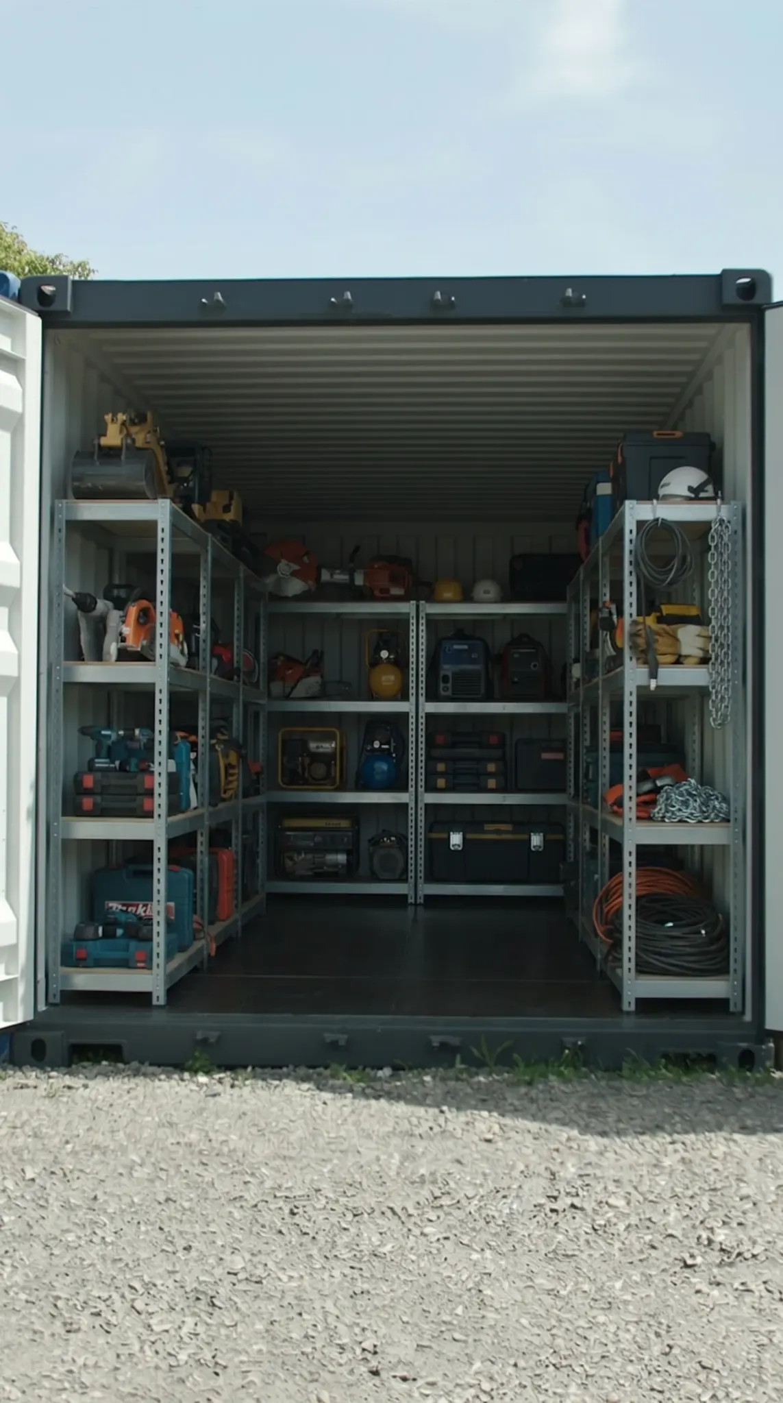 Container als Werkstatt mit Werkzeugen und Maschinen.