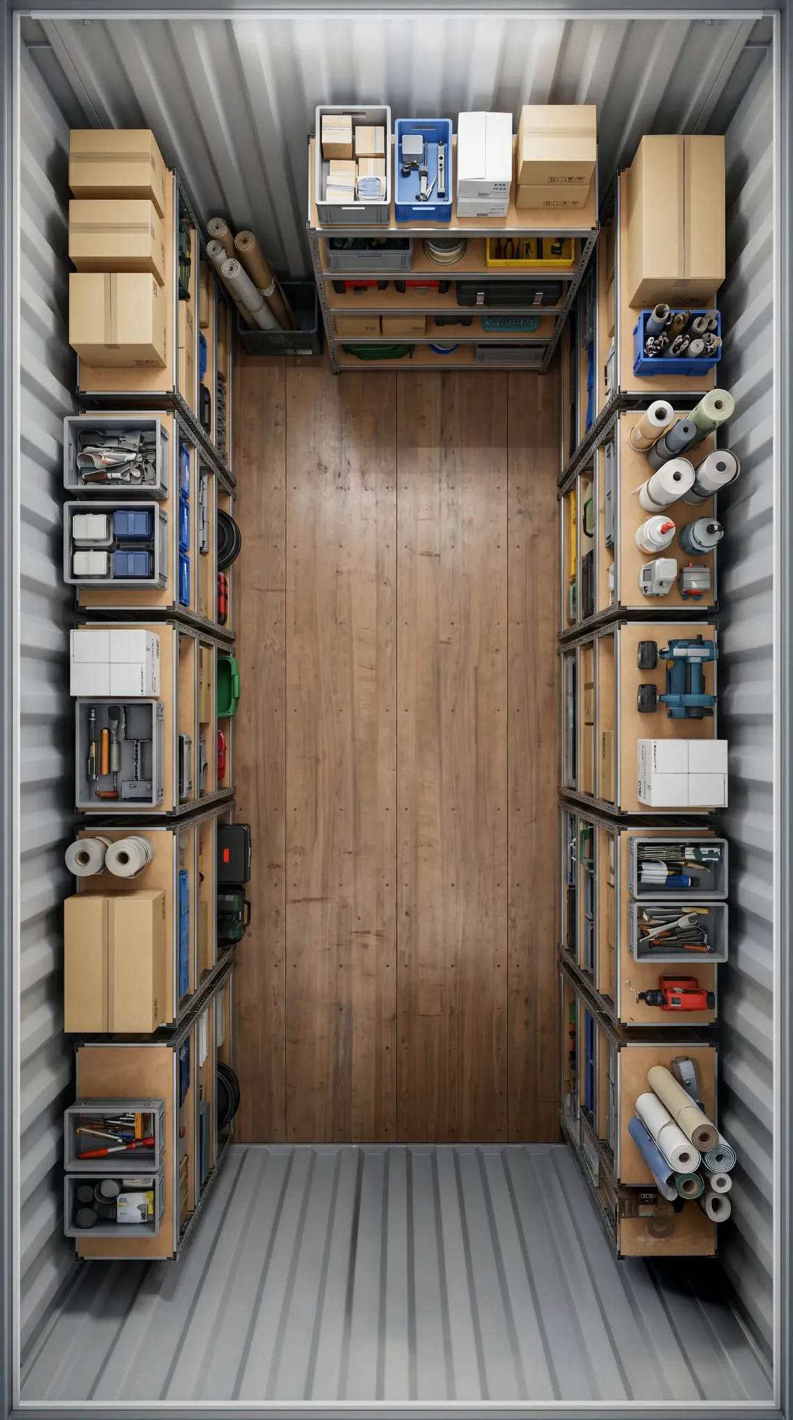 Draufsicht einer organisierten Container-Innenansicht (Visualisierung).